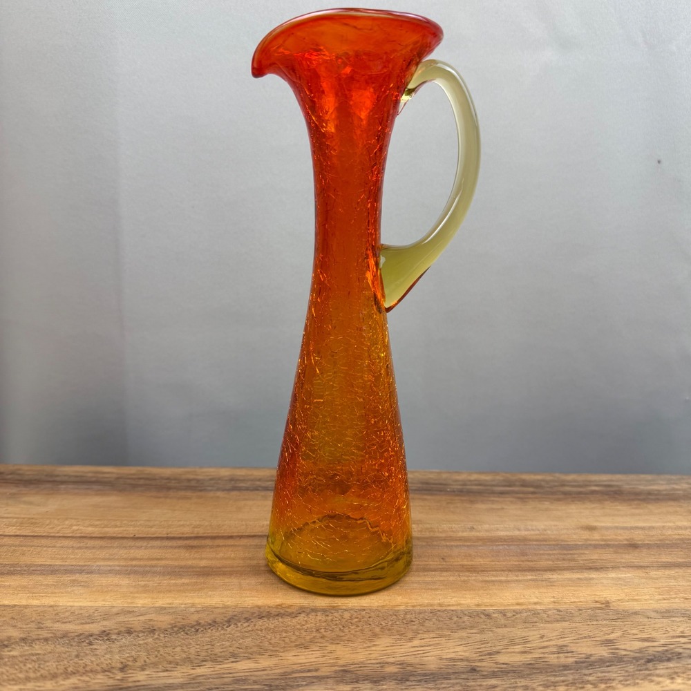 Vintage Amberina Crackle Glass Pitcher 8 inch Mid Century Blown Glass Vase Red